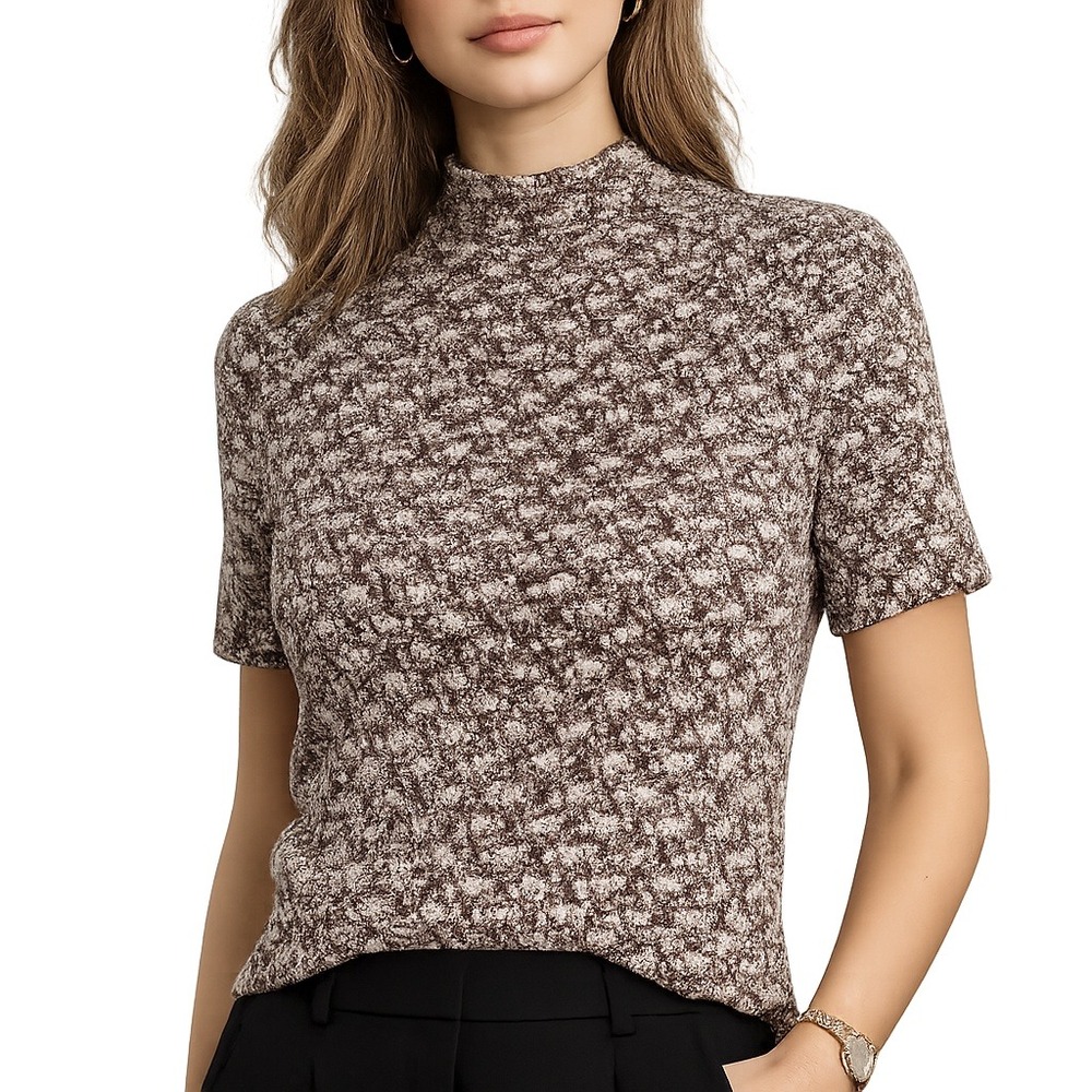 VTG Crochet Look Mock Neck Top Women L Brown Cream Stretch 90s Minimalist USA